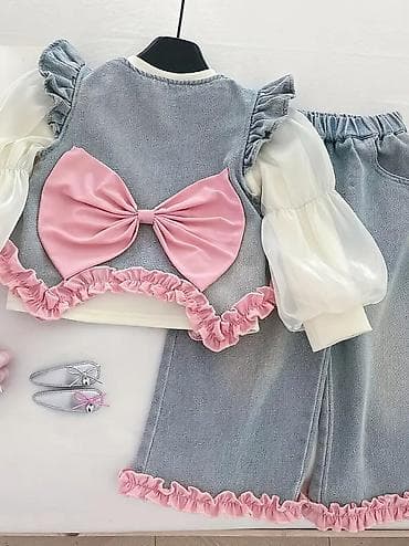 yeni model şalvarlar: Qız uşaqları üçün 3 hissəli dəst - Dəst: 1) Ağ bluz, 2) Cins jilet — 2