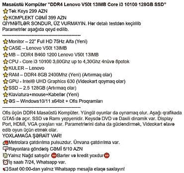 Masaüstü kompüterlər və iş stansiyaları: Masaüstü Kompüter "DDR4 Lenovo V50t 13IMB Core i3 10100 128GB SSD” — 3