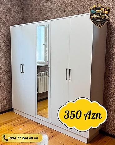 skaf dolab: Yeni, 4 qapılı, Güzgülü, Ağ, Açılan, Düz dolab — 1
