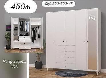 Ağ rəngli geniş qarderob dolabı Ölçü: 200×200×47 sm - Çox bölməli