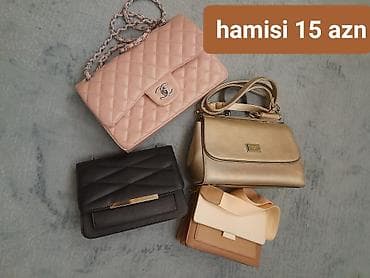 Сумки: Qadın çantaları seti – 5 ədəd - Pudra rəngli zəncirli, kvadrat — 1
