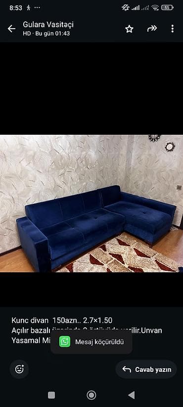 Kunc divan 150azn. 2.7×1.50 Açılır bazalı üzərində 2 örtüyüdə