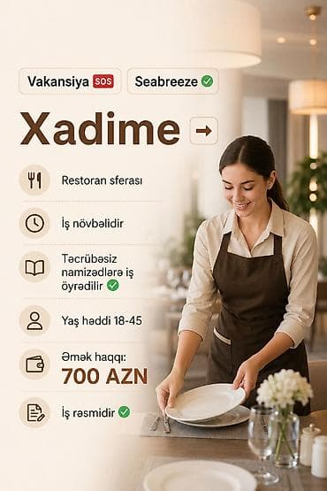 Xadimə tələb olunur, 18-29 yaş, Təcrübəsiz lalafo.az -da Xadimə tələb olunur, 18-29 yaş, Təcrübəsiz