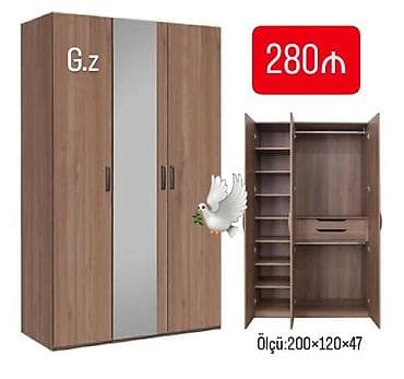 Yeni, 3 qapılı, Güzgülü, Qəhvəyi, Taxta, Açılan, Düz dolab