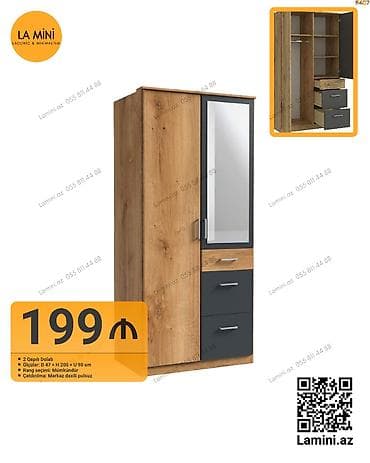 2 qapılı, Güzgülü, Boz, Taxta, Açılan, Düz dolab — 1