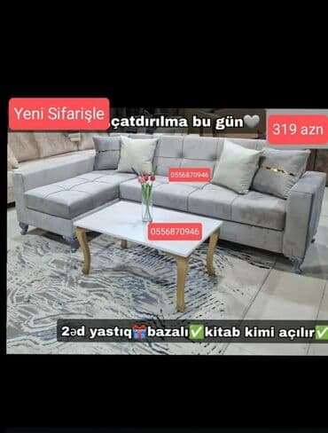 masa və oturacaq dəstləri: Künc divan, Qonaq otağı üçün, Parça, Bazalı, Açılan, Kitab — 3
