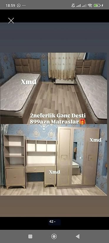 usag maneji: İki nəfərlik gənc otağı dəsti Dəst tərkibi: - 2 ədəd çarpayı (yumşaq — 1
