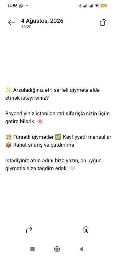 Xidmət: İstənilən ətirin sifarişlə gətirilməsi - Sevdiyiniz və ya