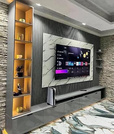 Sifarişlə ev mebeli: Müasir TV divar paneli və media konsolu dizaynı - Dizayn: Minimal və — 9