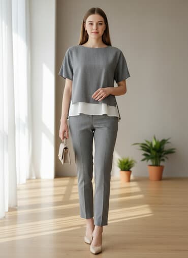 Qadın klassik dəst – boz rəngli incə zolaqlı. - Üst: dairəvi yaxalı