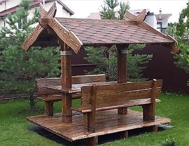 hamam perdeleri: Bağ üçün taxta kölgəlikli oturacaq dəsti - Komplekt: sabit çardaqlı — 8
