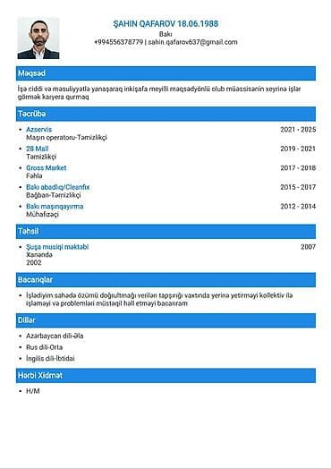 bakida ne is qurmaq olar: Fəhlə, 5 ildən artıq təcrübə, Ayda 2 dəfə ödəniş — 1
