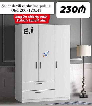 siyirmeli dolablar: Ağ rəngli 3 qapılı paltar dolabı - Ölçü: 200 x 120 x 47 sm (şəkildə — 1