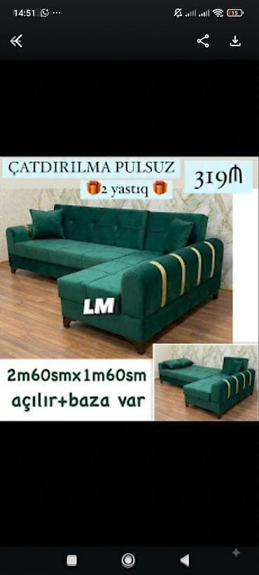 Künc divan – açılan model, baza ilə - Ölçü: 2.60 m x 1.60 m - Rəng lalafo.az -da Künc divan – açılan model, baza ilə - Ölçü: 2.60 m x 1.60 m - Rəng