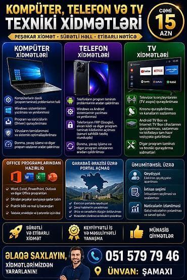 Komputer, telefon və TV üzrə peşəkar texniki xidmətlər Kompüter