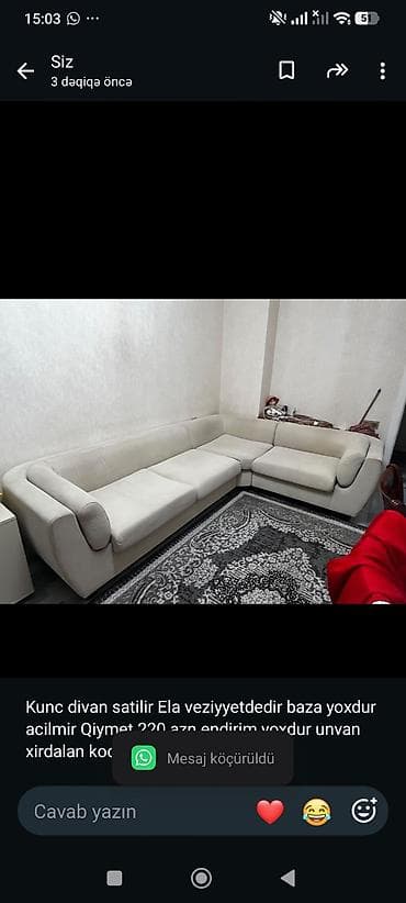 Kunc divan satilir Ela veziyyetdedir baza yoxdur acilmir Qiymet 220
