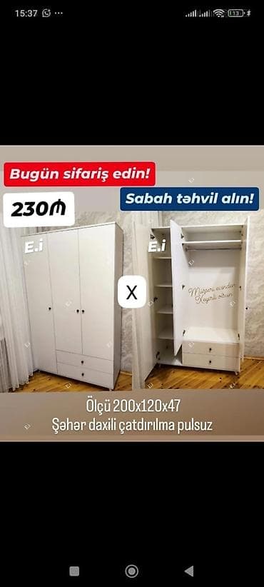 paltar dolab: Ağ rəngdə üç qapılı paltar şkafı - Ölçü: 200 x 120 x 47 sm - Daxili — 1