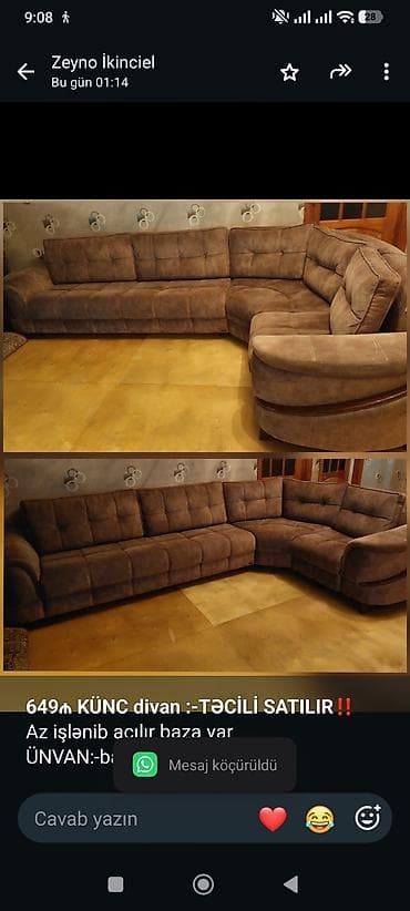 *649₼ KÜNC divan :-TƏCİLİ SATILIR*‼️ Az işlənib açılır baza var lalafo.az -da *649₼ KÜNC divan :-TƏCİLİ SATILIR*‼️ Az işlənib açılır baza var