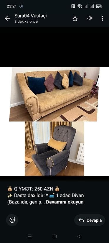 kreslo: 💰 QİYMƏT: 250 AZN 💰 ✨ Dəstə daxildir: * 🛋️ 1 ədəd Divan (Bazalıdır — 1