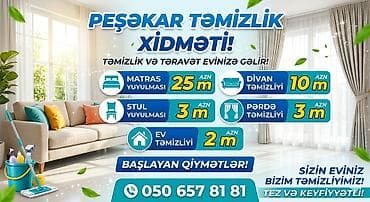 Təmizlik | Ofislər, Mənzillər, Evlər | Gündəlik təmizlik, Təmirdən sonra təmizlik, Çılçıraqların yuyulması və təmizlənməsi