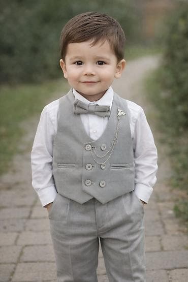 Uşaq üçün klassik üçlü dəst – boz rəng - Dəst: şalvar, jilet və qələm lalafo.az -da Uşaq üçün klassik üçlü dəst – boz rəng - Dəst: şalvar, jilet və qələm