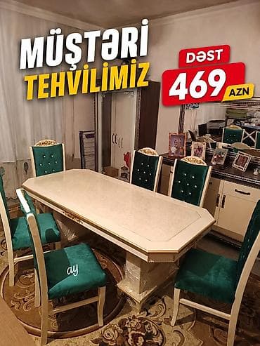 islenmis stullar: Yemək otağı üçün zərif masa–stul dəsti - Dəst: 1 ədəd uzun düzbucaqlı — 1