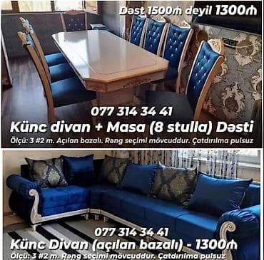 metbext desti: Künc divan + masa (8 stulla) dəsti Məhsul tərkibi: - Künc divan — 1