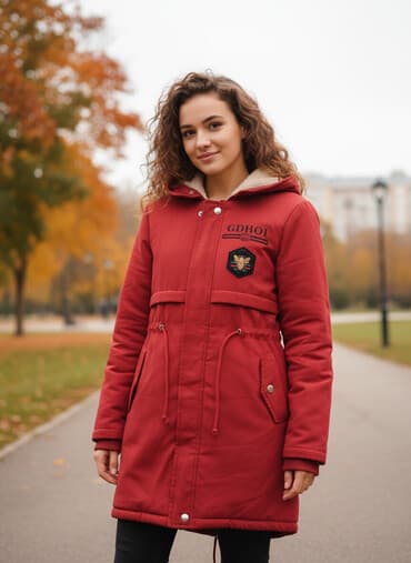 kurtka türkçe ne demek: Qışlıq qadın parkası – qırmızı rəng - Model: kapüşonlu, beldən iplə — 1