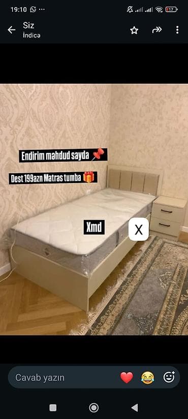 doweme: Yataq dəsti – tək nəfərlik • Komplekt: çarpayı + matrass + tumbə • — 1