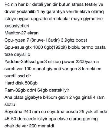 notebook mini: Gaming masaüstü PC + 27" monitor komplekti Texniki xüsusiyyətlər: - — 2