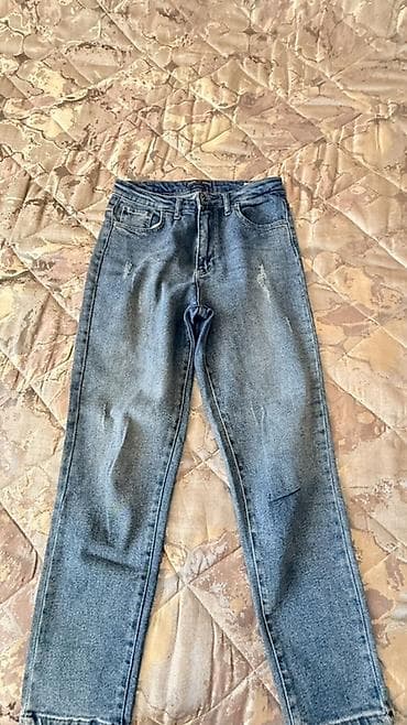 qadın geyimi: Mavi rəngli klassik düz kəsimli cins şalvar. - Yüksək bel forması - 5 — 1