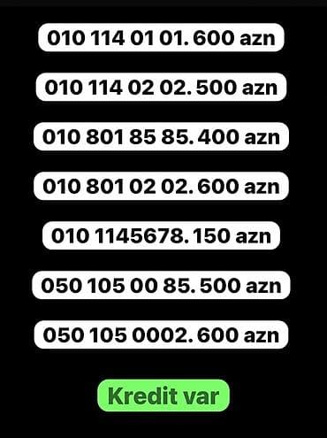 VIP nömrələr satılır: - 010 114 01 01 — 600 AZN - 010 114 02 02 — 500