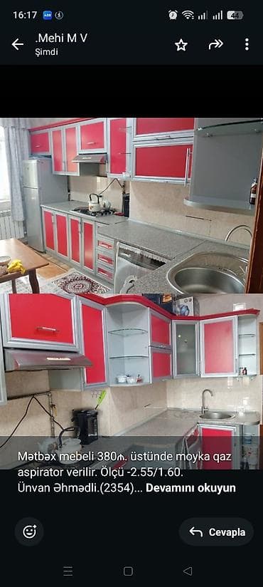 Mətbəx mebeli 380₼. üstünde moyka qaz aspirator verilir. Ölçü — 1