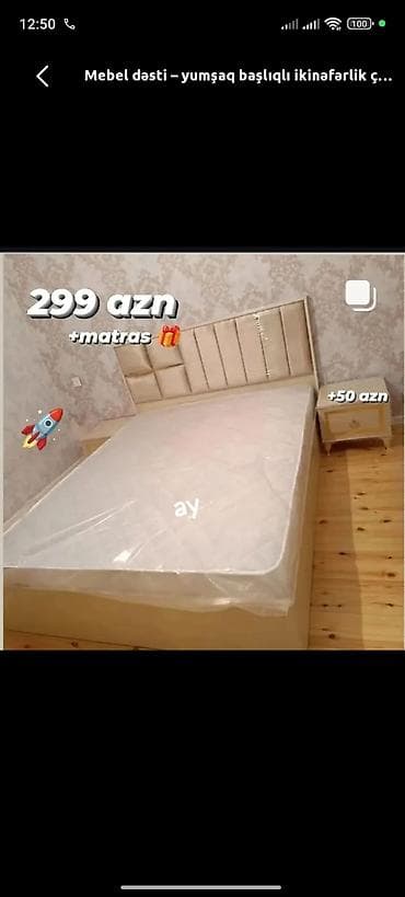 Mebel dəsti – yumşaq başlıqlı çarpayı - İkinəfərlik çarpayı, parça