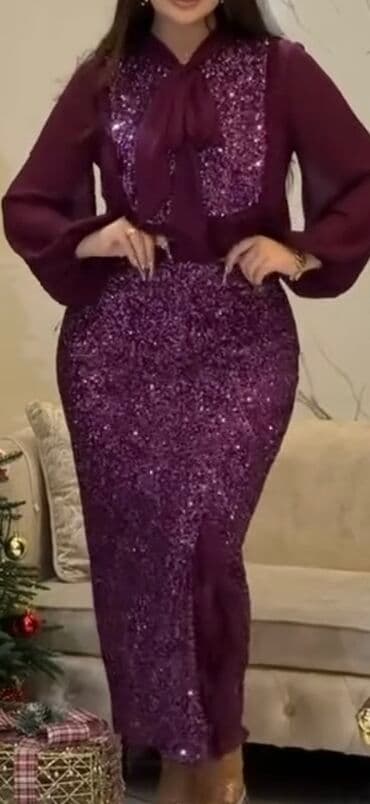 детский костюм русалки: Bənövşəyi rəngdə zərli ziyafət dəsti - Üst: Şifon toxumalı, uzun qol — 1