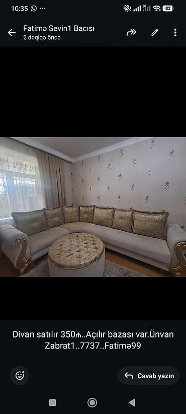 divan satisi: Divan satılır 350₼. Açılır bazası var.Ünvan Zabrat1. 7737. Fatimə99 — 1