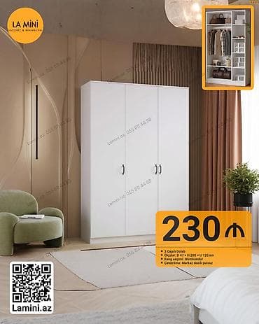 3 qapılı geyim dolabı - Ölçülər: E 47 × H 200 × U 120 sm - Daxili