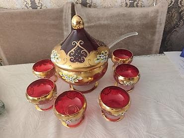 Qırmızı-qatlı şüşədən hazırlanmış büllur punch/kompot dəsti - — 2