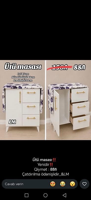 utu masa: Ütü masası – şkaflı model Variant 1: - Ölçülər: eni 55 sm, hündürlüyü — 3