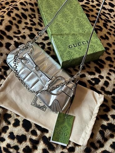 GUCCI omba çantası – gümüşü metallik dəri, Horsebit/bit detallar ilə