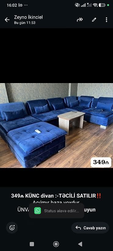 *349₼ KÜNC divan :-TƏCİLİ SATILIR*‼️ Açılmır baza yoxdur