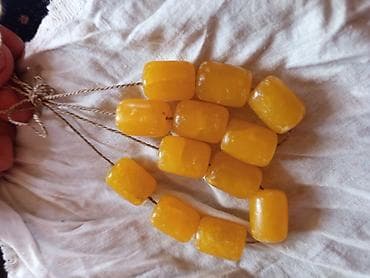 muncuqdan qolbaq: Kəhrəba rəngli iri muncuq dəsti - Material: sarı rəngli, silindrik — 5