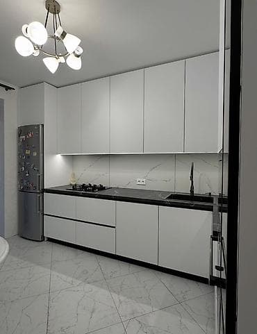 pol parket sekilleri: Müasir “L” formalı mətbəx mebeli – ağ mat fasadlar, qara mərmər — 3