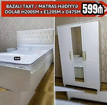 divar skafi: Yataq otağı dəsti - Bazalı taxt: Ağ rəngli, yumşaq düyməli başlıqla — 1