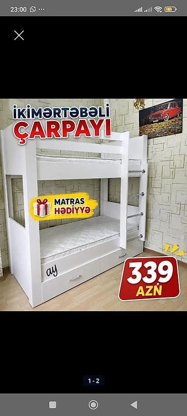 usag ucun: İkimərtəbəli çarpayı – ağ rəngdə, kompakt və funksional dizayn. - Üst — 1