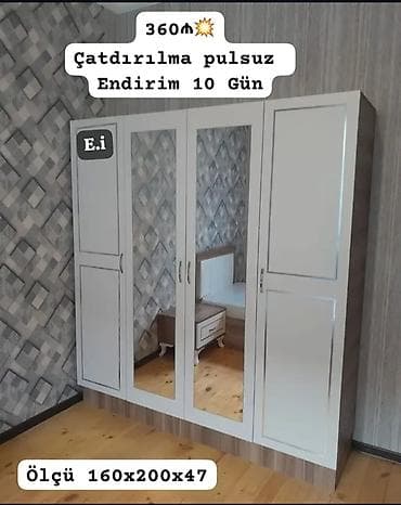 Yeni, 4 qapılı, Güzgülü, Ağ, Digər material, Açılan, Düz dolab