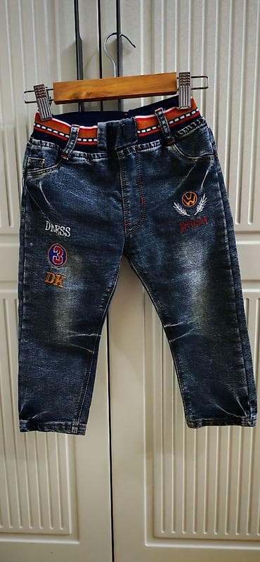 Uşaq cins şalvarı - Tünd mavi yuyulma effektli denim - Rəngli elastik