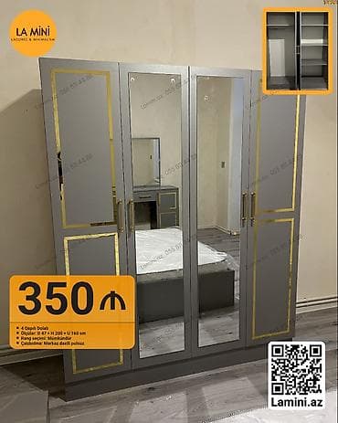 hamam dolapları: 4 qapılı paltar dolabı - Dizayn: Boz rəngdə korpus, qızılı dekor — 1