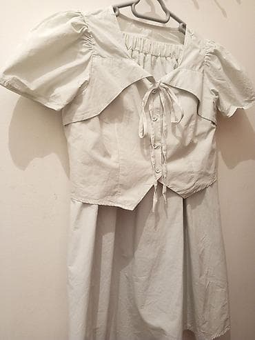 desd paltarlar: Açıq krem rəngli iki hissəli dəst – qısa köynək və midi ətək — 2