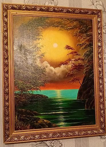 kece: Yağlı boya tablo – “Günbatımı sahili” mövzusunda dekorativ peyzaj - — 1